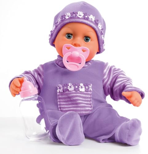 Bayer Design 93826AF Babypuppe interaktiv, sprechend, Schlafaugen, weicher Körper, 24 Babylaute, 38 cm, Lila