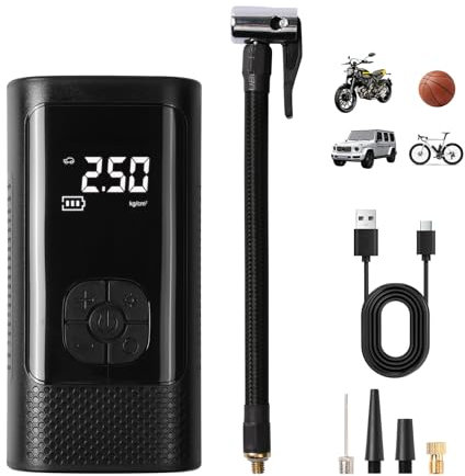 Pumwoy Compresor de Aire Portatil 150 PSI, Mini Inflador Ruedas Coche con Batería Recargable 3 * 1500mAh, Compresor Aire Coche con Luz LED, Inflador Electrico para Coches, Motos, Bicicletas