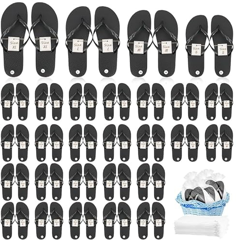 MSYU 24 pares de chanclas a granel para bodas, fiestas, invitados, hoteles, spa, pantuflas casuales con letrero de tarjeta de varios tamaños y bolsa con cordón (negro), Black, 42 EU