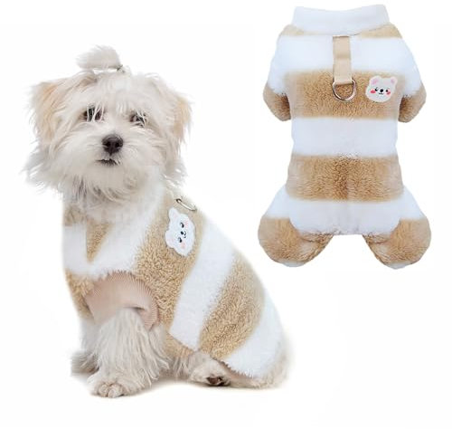 Hundepullover Kleine Hunde, yisight Hundepullover Fleece, Hundemantel 4 Beine, Hunde Jumpsuit Winter, Hundemantel für Kleine und Mittlere Hunde, Khaki-Streifen