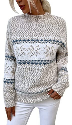 Pull en tricot pour femme - Automne - Hiver - Col rond - Manches longues - Avec motif norvégien - Haut tricoté - Couleur unie - Décontracté - Pull de Noël - Pull en tricot pour femme, beige, S