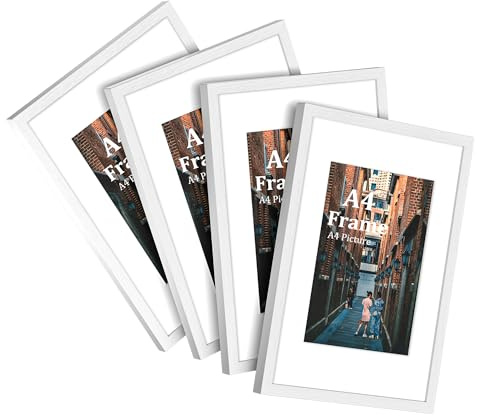 MEGAROOM A4 Frame 4 Pcs - 29.7cm x 21cm(11.7 x 8.3 inches - A4 Picture Frame with A5 Mount for Wall, A4 Photo Frame for Photo Gallery, Safe and Easy to Install(White)