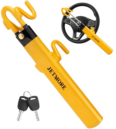 JETMORE Steering Wheel Lock Adjustable Car Anti Theft Device Reinforced Steel Lock with Double Hook Design Car Locks with Keys Heavy Duty Lock for Cars Trucks SUVs Car Accessories Wheel Lock