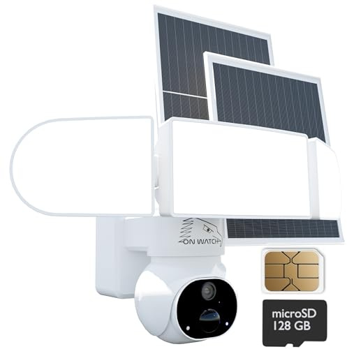 ON WATCH 4G LTE No Wi-Fi 24/7 Recording Solar Floodlight Security Camera Outdoor Wireless, Motion-Activated Notification/Floodlight/Siren, Pan/Tilt, 2K HD Live View/Talk, Free 128GB Storage & SIM Card