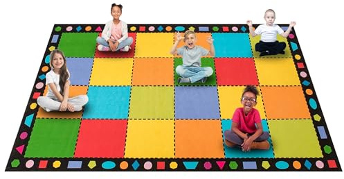 Booooom Jackson 7'6''x13' Colorful Square Seating Classroom Rug for Kids Room Seating Décor - Thick Nylon Preschool Carpet Daycare Rug for Teaching, Playroom, Non-Slip &No Triping,20X Stain Resistance