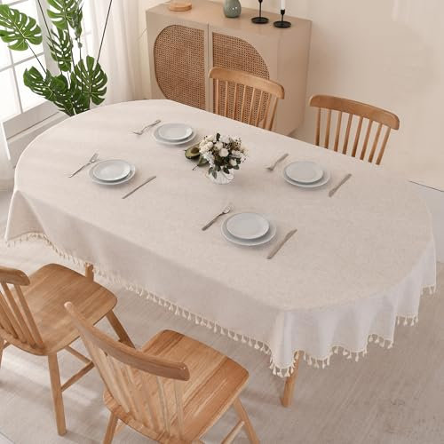 SUCHDECO Tablecloth Oval Cotton Linen Table Cloth 140x220 cm, Solid Beige Tablecloths with Tassels Dust-Proof Washable Table Cover for Dining Table Kitchen Room Decor Birthday Party