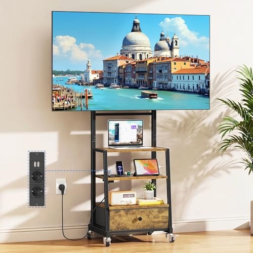 OYRREU Soporte TV Ruedas con Enchufes para Televisores de 32 a 75 Pulgadas, Mueble TV Suelo con 3 Estantes y Cajón de Tela, Soporte TV Pie Altura Ajustable, VESA 600x400mm, Hasta 50 kg, Marrón Vintage