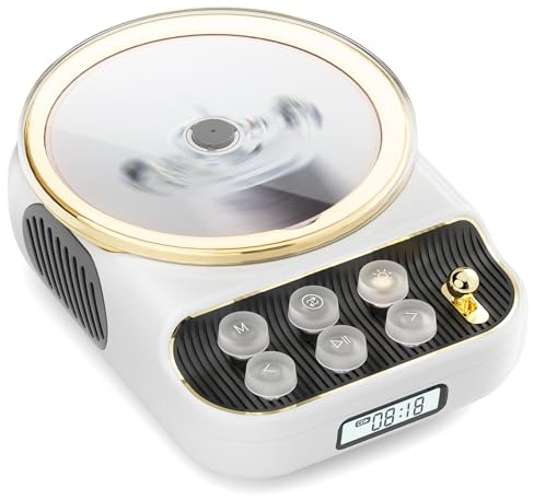 Reproductor de CD para el hogar, Escritorio, Reproductor de CD con Altavoces, Reproductores de CD, Bluetooth 5.3 con Control Remoto, Cubierta Antipolvo, Pantalla de Radio FM, Temporizador USB-Blanco