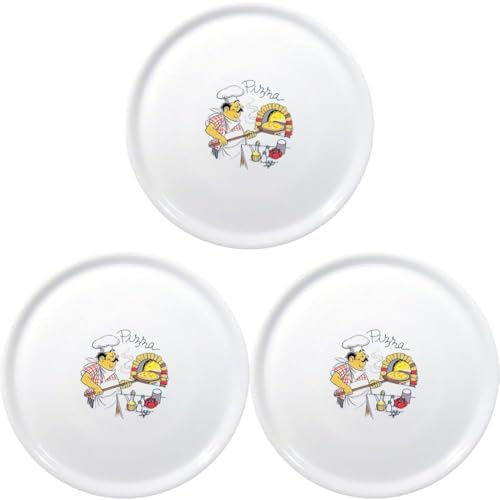 HENDI Piatto per pizza rotondo, piatto portapizza, porcellana, motivo: pizza al forno, adatto a microonde e lavastoviglie, ⌀330 mm, bianco (Confezione da 3)