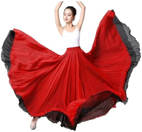 WDSBZNB Gonna a Ruota Intera Abito da Allenamento for Danza Etnica Classica, Gonna Lunga, Gonna a Doppio Strato con Elastico in Vita e Ampia Gonna a sbalzo(Red Black2,Skirt Length 90cm)