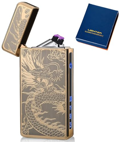 Mechero electrónico USB, mechero eléctrico con arco LED, mechero de arco dual con indicador de batería, mechero de plasma resistente al viento, eléctrico con caja de regalo (Dragón Dorado)