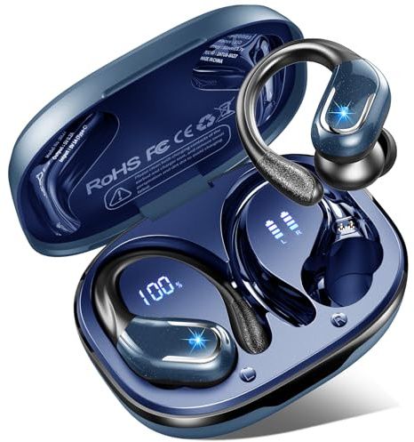 Cuffie Bluetooth Sport, 75 Ore Auricolari Bluetooth 5.4 con 4 ENC Mics, Stereo Cuffiette Bluetooth Antirumore, IP7 Impermeabili Cuffie Wireless con Display LED, Cuffie Senza Filo per Palestra/Running