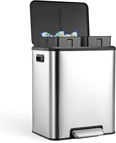 Trash Can with Lid, Stainless Steel Garbage Can for Kitchen with Step-on Dual Compartments, Large Recycling Bin with Removable Plastic Inner Bucket, Rectangular Waste Bin (Silver, 2 x 4 Gallon)