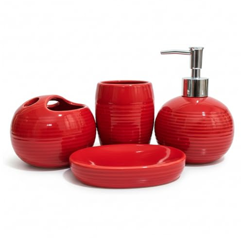 Muzrunq Accesorios de baño Rojos, Juego de Accesorios de baño de cerámica Moderno Que Incluye dispensador de jabón, Soporte para cepillos de Dientes de 4 Piezas, Vaso y jabonera para apartamento.-