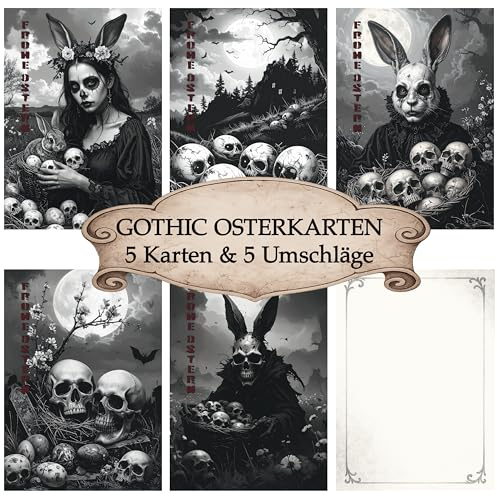 Berninja Juego de 5 tarjetas de felicitación góticas con sobres, estilo Dark Art & Heavy Metal Style, serie de motivos Feliz Pascua, decoración gótica negra (juego de 5)
