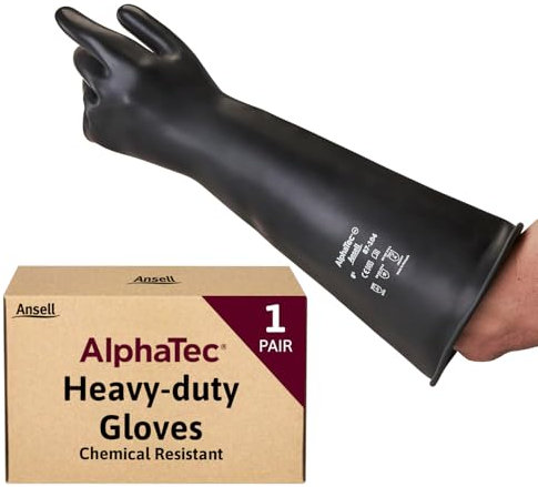 Ansell AlphaTec 87-104 Guanti di Protezione Chimica in Lattice, Polsino Lungo (43 cm), Elevata Resistenza alle Sostanze Chimiche, Impermeabili e Riutilizzabili, Nero, Taglia L (1 Paio)