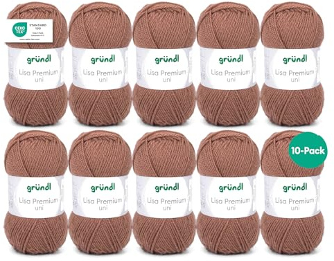 Gründl Laine Lisa Premium uni - Fil pour tricoter - Fil à tricoter - Fil à crocheter - Doux et agréable pour la peau - 100% polyacrylique 10 pelotes 50 g / 133 m - Taille d’aiguille 3,5-4,5 - Marrone