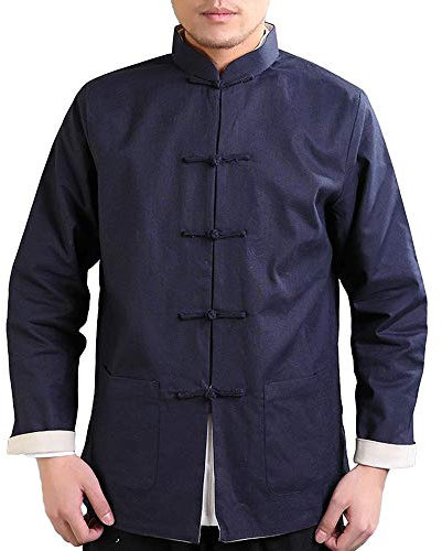 G-LIKE Kung Fu Herren Jacke - Traditionelle Chinesische Kampfkunst Tai Chi Qigong Wing Chun Shaolin Lange Ärmel Training Kleidung Doppelseitig Frühling Herbst Mantel Casual Look (Blau und Beige, XXL)