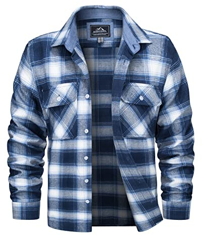 MAGCOMSEN Men's Flannel Shirts Long Sleeve Button Down Plaid Shirts Casual Soft Cotton Pocket Shirt Spring Fall Shirt Blue White,M