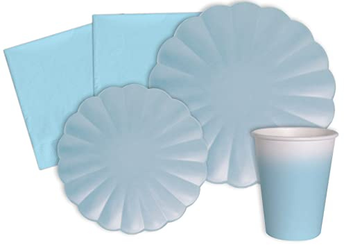 Kit Party Tavola Flower Shape per 24 persone (112 pezzi: 24 piatti Ø23cm, 24 piatti Ø18cm, 24 bicchieri 200ml, 40 tovaglioli 33x33cm) in carta compostabile eco-friendly, azzurro pastello