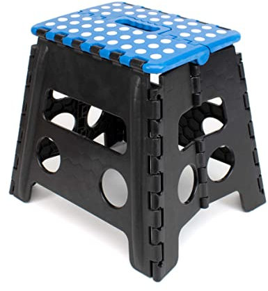thesecrethome.es - Taburete Plegable Multiusos - Alto. 32 cm x Largo. 37 cm - Escalera Antideslizante - Altillo para Cocina o Baño - Reposapiés para Niños (Azul Lunares)