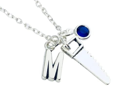Personalised Saw Necklace, sterling silver or silver plated chain initial birthstone crystal unisex jewellery, tools horror halloween handyman diy father's day dad, gift for boyfriend husband birthday