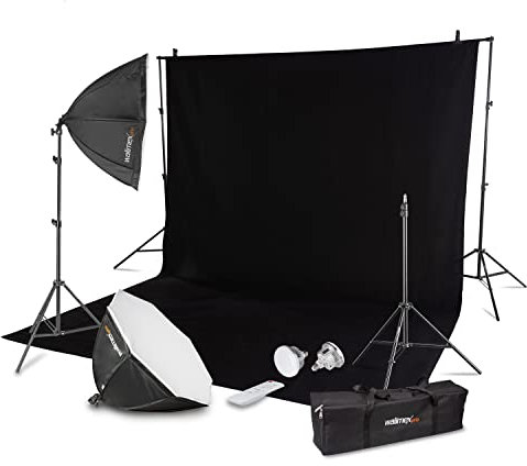 Walimex Pro Juego de Estudio fotográfico prémium con 2 trípodes de lámpara con 2 LED de 45 W, Octagon de 65 cm de diámetro, Color Bicolor, Sistema de Fondo telescópico Completo, 120 – 307 cm, con