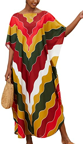 YouKD kvinnor lång kaftan maxi böhmisk klänning strand täckande rock rum kimono en storlek loungewear, E orange grön, one size