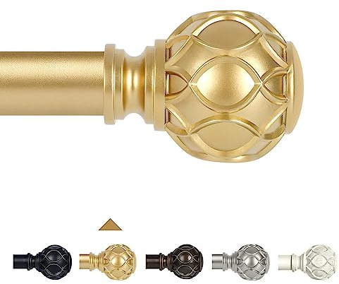 TANGWIN Gold Curtain Rods for Windows 5.5-10ft, 1 Inch Adjustable, Heavy Duty, Netted Texture Finials, Single Window 66-120 Brass Gold