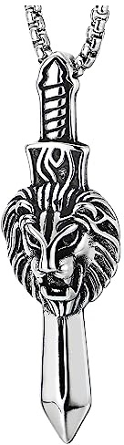 COOLSTEELANDBEYOND Collana Ciondolo da Uomo in Acciaio Inossidabile con Testa di Leone e Spada, e Catena in Grano Lunga 76 cm