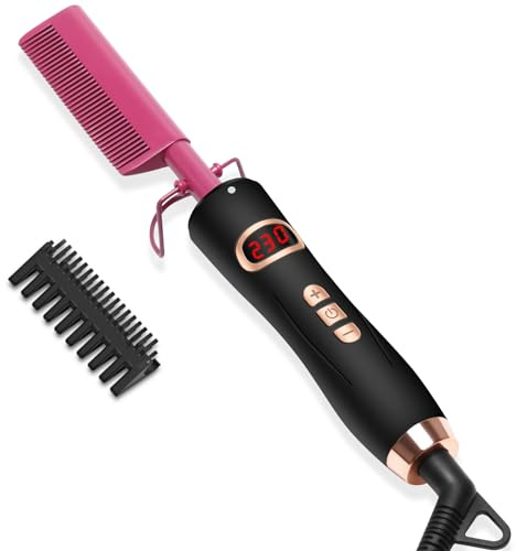 Hot Comb - Plancha de pelo para pelo afro, pelucas/barba, cepillo alisador de pelo UKLISS con pantalla LCD de 120 – 230 ℃ ajuste de temperatura, peine eléctrico, doble voltaje, apagado automático