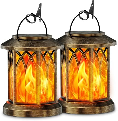 KOOPER Solar Lights Outdoor Garden, 2 Pack Hanging Solar Lanterns with Realistic Flickering Flame LED, Waterproof Garden Ornaments Outdoor Lights Lantern for Decoration, Pathway Lighting