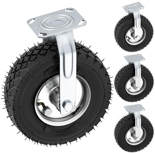 10 Inch Pneumatic Casters Set of 4 (2 Swivel/2 Rigid),Heavy Duty Casters,Tolerable 1300 LBS,Rubber Knobby Tread for Workbench, Cart, Trolley,Wagon and Shelves