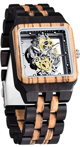 Tiong Montre en bois de bambou rectangulaire pour homme - Squelette creux - Montre analogique à quartz pour homme, Wq1010-braun, Rétro
