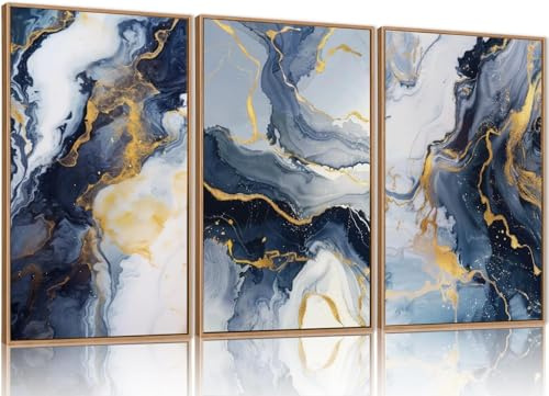 TOARTi Blue Abstract Framed Canvas Wall Art Navy Gold Painting 12x16inx3