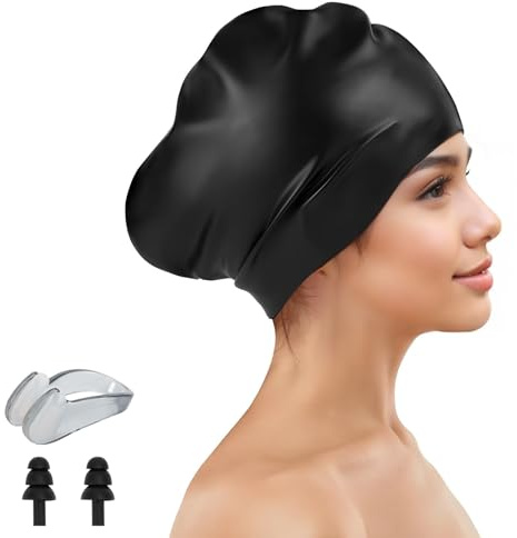 Gorro de natación de silicona para cabello largo, gorro de baño extra grande para mujer, gorro de natación para hombre, gorro de natación con tapones para los oídos y juego de clip nasal, gorros de