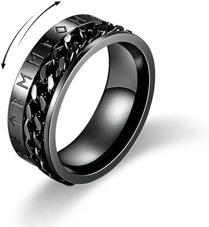MERTTURM Anillo Runas Vikingas, Antiestres Acero Inoxidable Anillo Giratorio con Cadena Giratoria para Banda/Decoración de Moda/Promesa de Compromiso de Boda