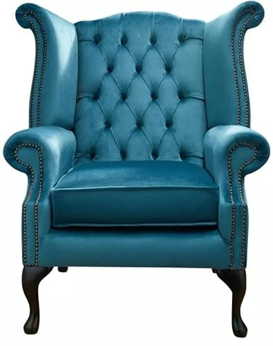 Chesterfield - Silla Queen Anne con respaldo alto, sillón de terciopelo azul turquesa, silla de respaldo alado hecha a mano con botones profundos, ribete de cabeza de clavo y patas de caoba de madera