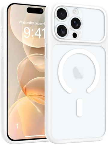 Wirvyuer per iPhone 15 Pro Cover Compatibile con Magsafe, Protezione Della Fotocamera Transluzente Cover Resistente Traslucido Custodia Magnetica per iPhone 15 Pro Case, Bianco
