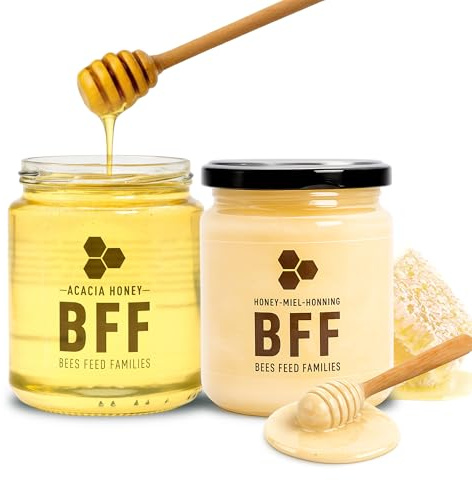 BFF Honey Duo Pack – Support Ukrainian Beekeepers – Bees Feed Families Raw Honey & Creamed Honey, Pure & Unprocessed, Unheated & Unfiltered – Track & Traceable, Seasonal Colour & Flavour