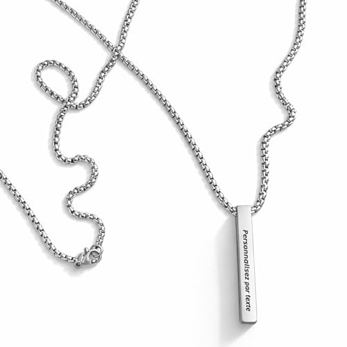Sophon - Collier Personnalisé avec Gravure – Pendentif Barre Verticale 40mm en Acier Inoxydable – Chaîne Homme 60cm ou 70cm, Chaîne Femme 45+5cm – Cadeau Personnalisé Couple, Homme & Femme