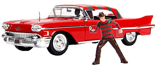 Hollywood Rides Jada Coche Modelo Diecast: Cadillac Series 62 1958 Rojo, con la Figura Freddy Krueger de Nightmare On ELM Street, Escala 1:24