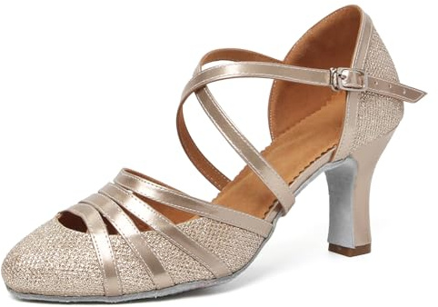 YKXLM Femme Chaussures Danse Latine Standard Salsa Bachata Bout Fermé Briller Prom Escarpins,Talon 7cm,Champagne,EU 39