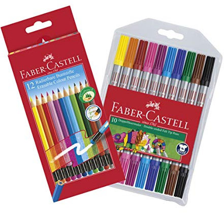 Faber-Castell Radierbare Buntstifte mit Gummitip, 12er Kartonetui (+ 10er Etui Doppelfasermaler)