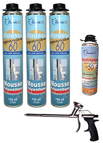 DSTOCK60 - ENSEMBLE DE 3 MOUSSES EXPANSIVES 750ML - 1 PISTOLET - 1 NETTOYANT MOUSSE - MOUSSE POLYURÉTHANE PROFESSIONNELLE - ISOLE, COLLE, REBOUCHE - MOUSSE PISTOLABLE - EXTÉRIEUR ET INTÉRIEUR