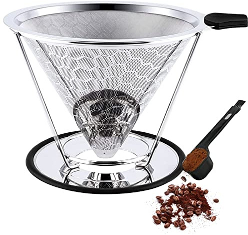 Gocoffun Pour Over Coffee Dripper, Reusable Cone Coffee Filter 1-4 Cup, Stainless Steel Portable Coffee Filters Coffee Maker with Cleaning Brush for Home Office Travel Camping