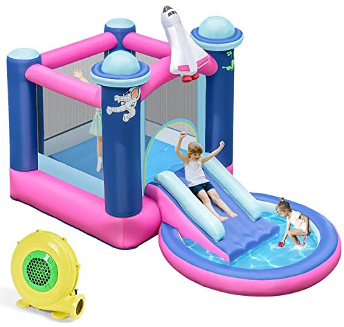 DREAMADE Château Gonflable avec Toboggan, Château Gonflable de 207 x 393 x 270 cm avec Gonfleur de 480 W, Structure Gonflable pour Enfants de 3 à 10 Ans, Capacité de Poids de 135 kg
