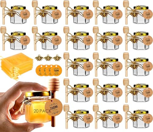 DnayDkiy Botes Para Miel, Botecitos Para La Miel, Tarros Cristal palitos para la miel, abejas decorativas, Detalles Comunion, Bautizo, Boda, Regalito Para los Invitados, 60 Piezas Tarros 45ml