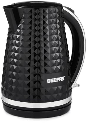 GEEPAS 1.7L Cordless Electric Kettle | Textured Kettle with 360° Rotational Base & Concealed Heating | Auto Shut Off Boil Dry Sensor | Space Saving Cord Storage and LED Indicator | 2200W Argyle Black