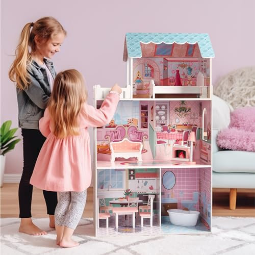 Navaris Casa de muñecas de Madera - Casita con Muebles en Miniatura para niños y niñas +3 años - con 3 Pisos 5 Habitaciones - Mansión Compatible con Barbies - 106 x 61 x 33 cm